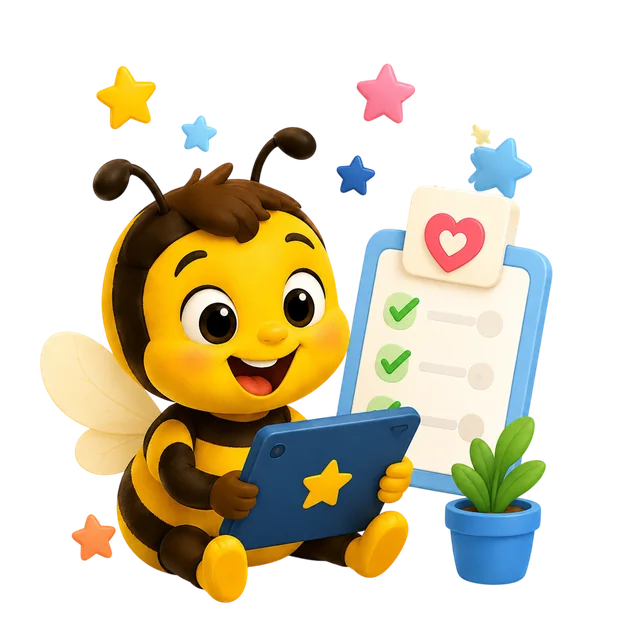 L'abeille BeeProud version enfant, tablette en main, devant sa liste de routines cochées