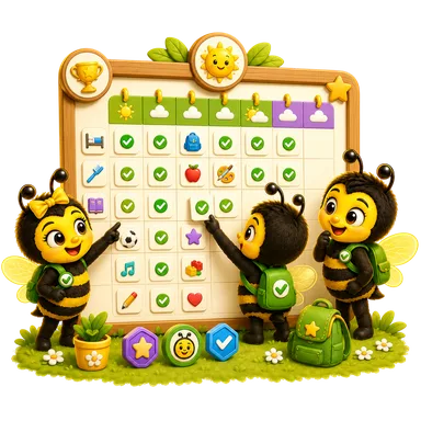Famille d'abeilles BeeProud devant le planning de la semaine imprimé
