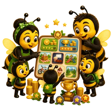 Famille d'abeilles BeeProud devant le tableau des points et des récompenses